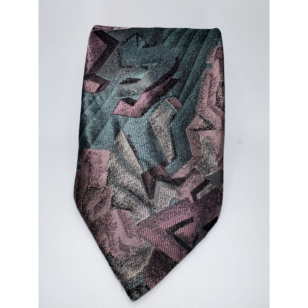 Bachrach Silk Tie Abstract‎ Geometric Teal Pink Gray Made in Italy Vintage Style